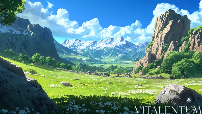 Sunlit mountain valley welcomes a wide green meadow view