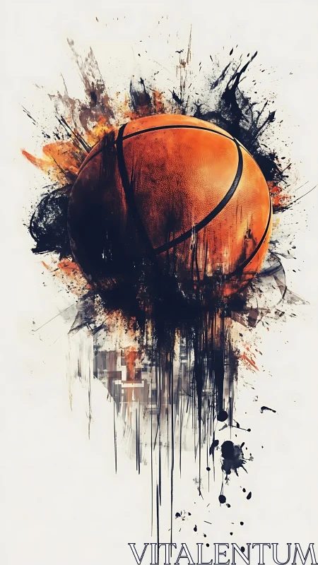 Dynamic basketball explodes through abstract paint splashes