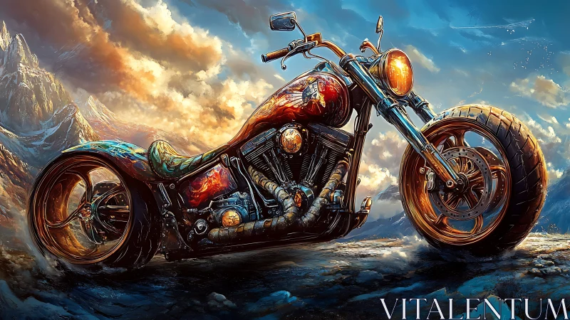 Chromed custom chopper dominates a hyperreal alpine horizon