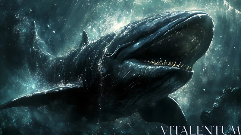 Abyssal titan whale surging through stormlit teal waters.