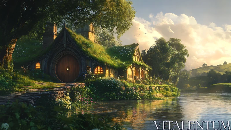 Hillside hobbit cottage glows beside tranquil riverside meadow.