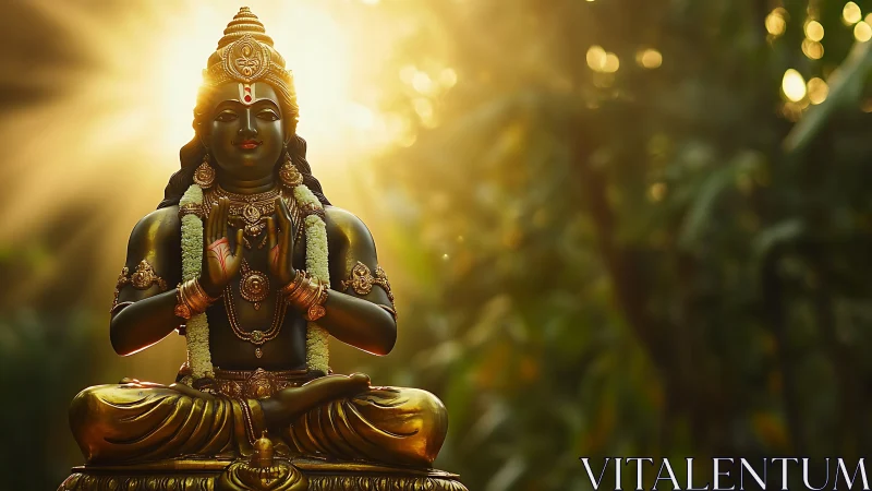 Sunlit forest deity in golden meditation glow.