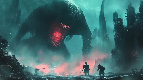 Colossal alien beast confronts armed soldiers in ruined city