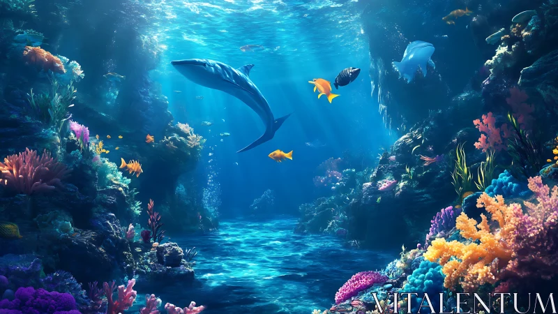 Sunlit coral reef welcomes graceful whale and bright fish.