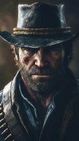 Bearded cowboy stares forward under worn black leather hat
