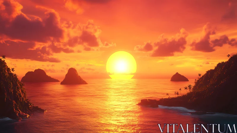 Radiant equatorial sunset over stratified volcanic islets.