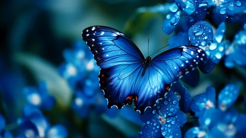 Sapphire winged butterfly resting on dew jeweled blossoms.