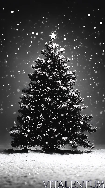 Snow covered Christmas tree with star in snowfall.