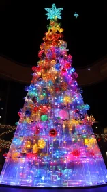 Iridescent glass Christmas tree glows with neon lights.