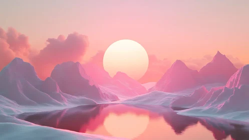 Iridescent glacial basin under overscaled solar disc at dusk.