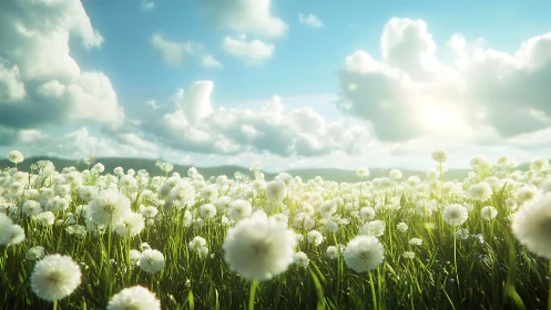 Sunlit Dandelion Sea Under Roaming Storybook Clouds.