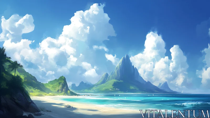 Coastal Landscape with Volcanic Peak and Tropical Vegetation