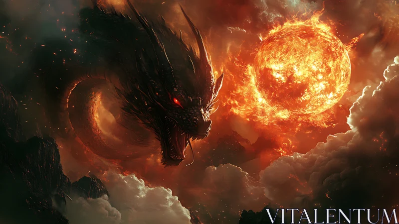 Infernal dragon coils through burning stormlit sky.