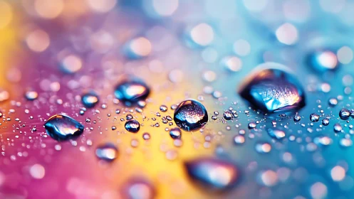 Macro water droplets scatter across neon gradient surface.