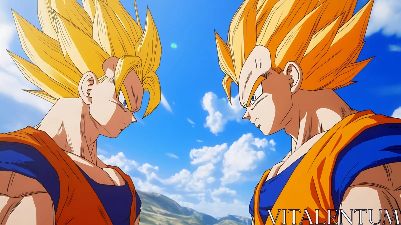 Symmetrical anime duel composition with cel-shaded Super Saiyan forms