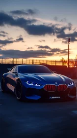 Sleek blue BMW coupe glows against a fiery racetrack sunset.