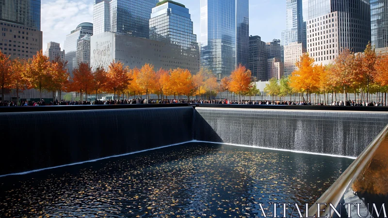 Urban memorial fountain framed by vivid autumn foliage.
