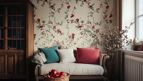 Floral sofa nook with patterned wall and soft cushions.