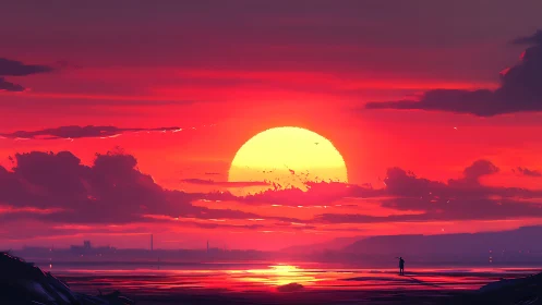 Sunset swallows the horizon while a lone dreamer watches