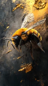 Iridescent bee in molten gold shards against charcoal void.