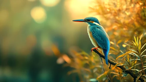 Vibrant kingfisher on branch in golden sunlight, nature photography.