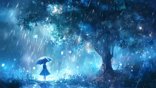 Atmospheric anime nightscape with luminous rainfall composition.