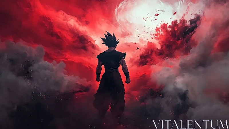 Lone warrior strides into a storm of crimson cosmic fire.