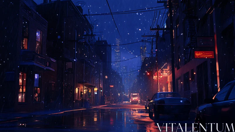 Nocturnal city alley with rainfall and distant skyline view.