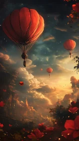 Red hot air balloons drift above glowing fantasy valley