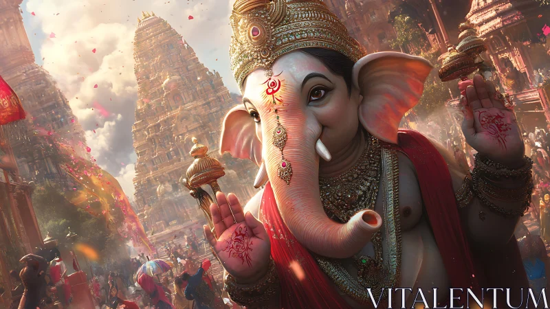High-fidelity digital Ganesh procession amid temple spires.