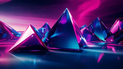 Luminous neon pyramids on reflective sci fi horizon.