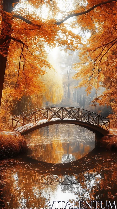 Autumn footbridge over calm reflective park river scene.