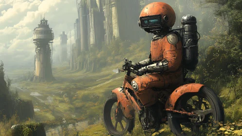 Rust-clad explorer robot on bike in verdant post-ruin valley.
