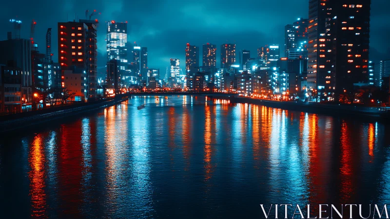 Nocturnal riverfront skyline with cyan and amber city reflections