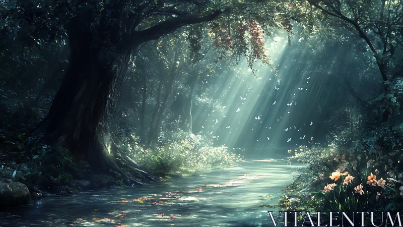 Misty Forest Stream with Radiant Light Rays.