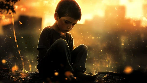 Melancholic boy in glowing golden dusk light sits alone.