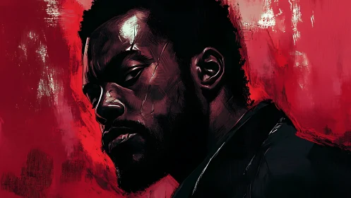 Brooding portrait against visceral red abstract ground.