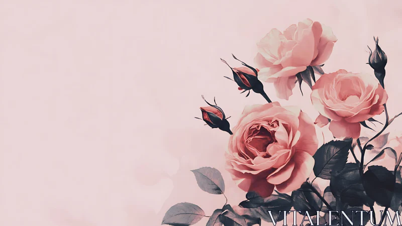 Romantic Garden Roses Against Soft Pink Gradient Background.