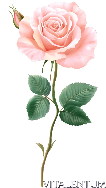 Soft pink rose stem illustration on white background.
