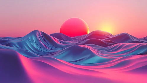 Neon-gradient synthetic seascape captures abstract sunrise sphere