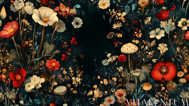 Dense digital floral and fungi illustration frames dark center