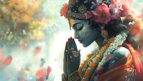 Praying goddess gathers blossoms and light into quiet grace