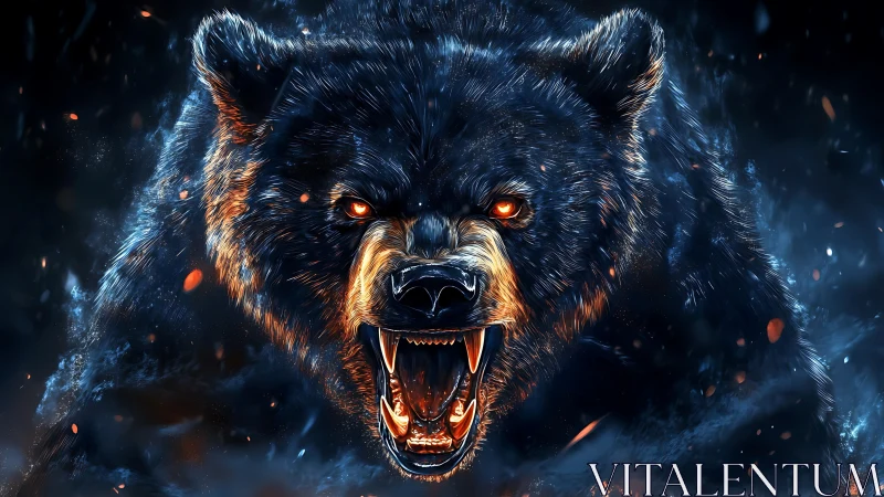 Ferocious bear lunges through embers under blue firelight.