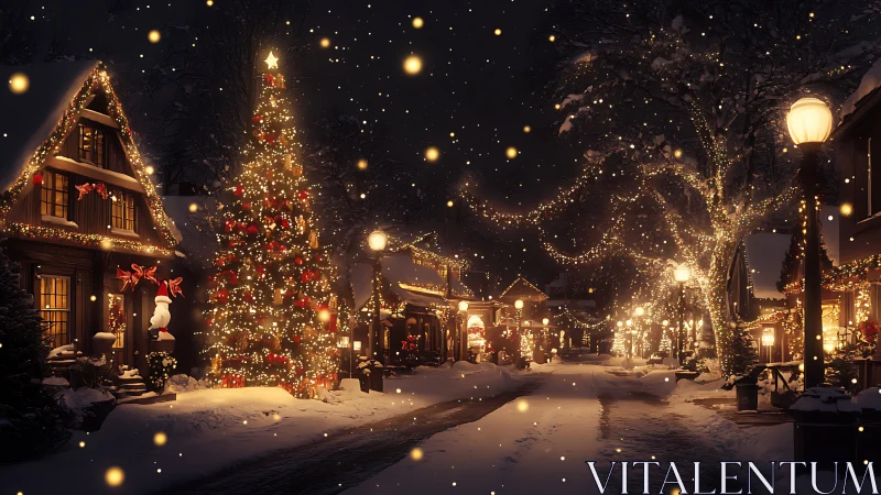 Snow-covered village street shows dense Christmas lighting design