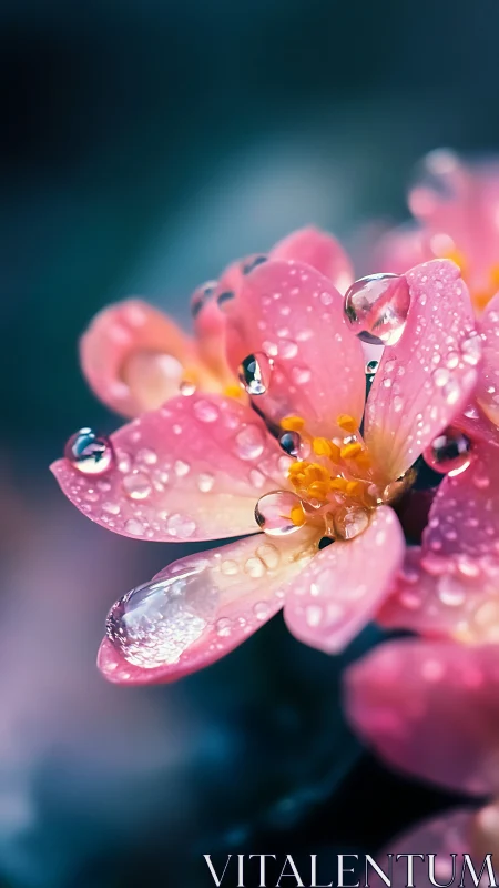 Pink flowers with water droplets on teal background