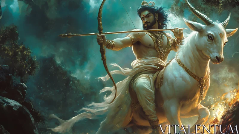 Divine archer rides white horned steed through stormfire