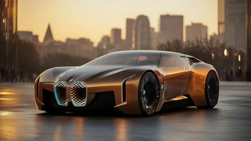 Sunlit bronze supercar prowls a glassy futuristic city street.