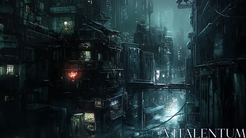 Rain-soaked cyberpunk alley glows through dense neon haze