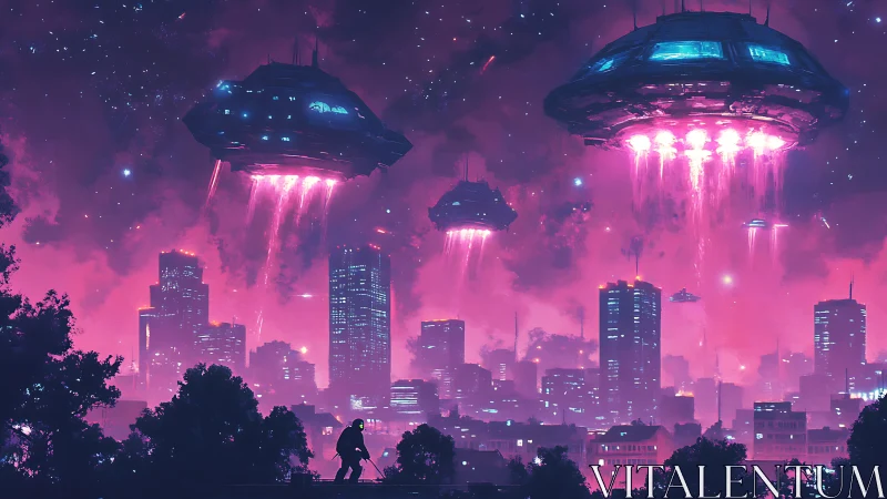 Neon magenta city skyline under descending UFO fleet and energy beams