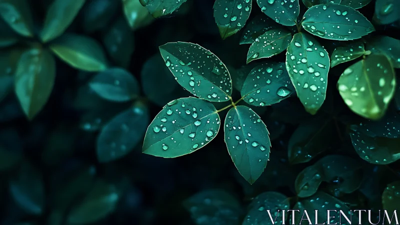 Macro botanical study of rain-soaked emerald foliage cluster.